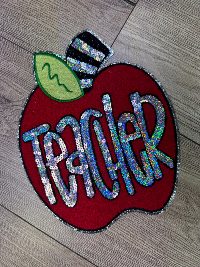 Shirt Patches (Chenille)- "Teacher; Red Apple" (8X10.5)