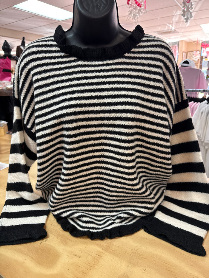 "Black & White Striped" Scalloped Edge Sweater Top