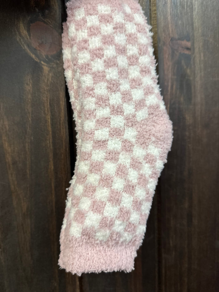 Fuzzy Socks- "Checkered" Pink & White