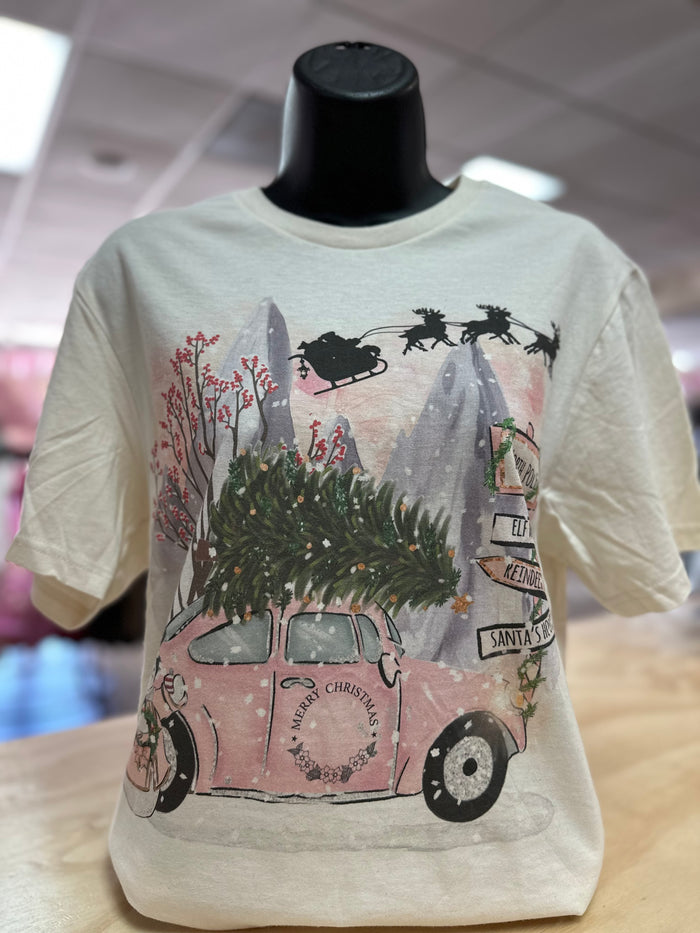 "Pink Car W/ Christmas Tree" Tee