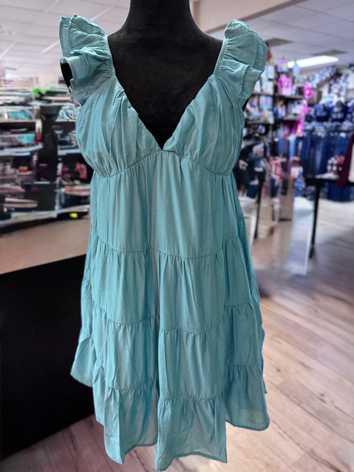 "Dark Mint Tiered Babydoll" V-Neck Mini Dress