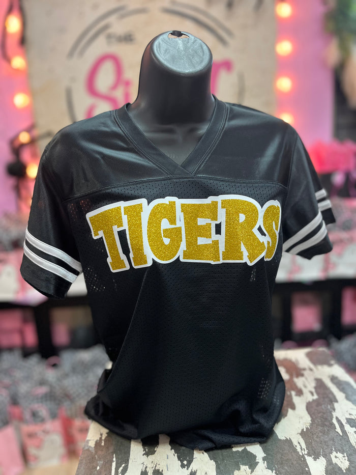 Tigers- Black Jersey "Tigers" Yellow & White Glitter