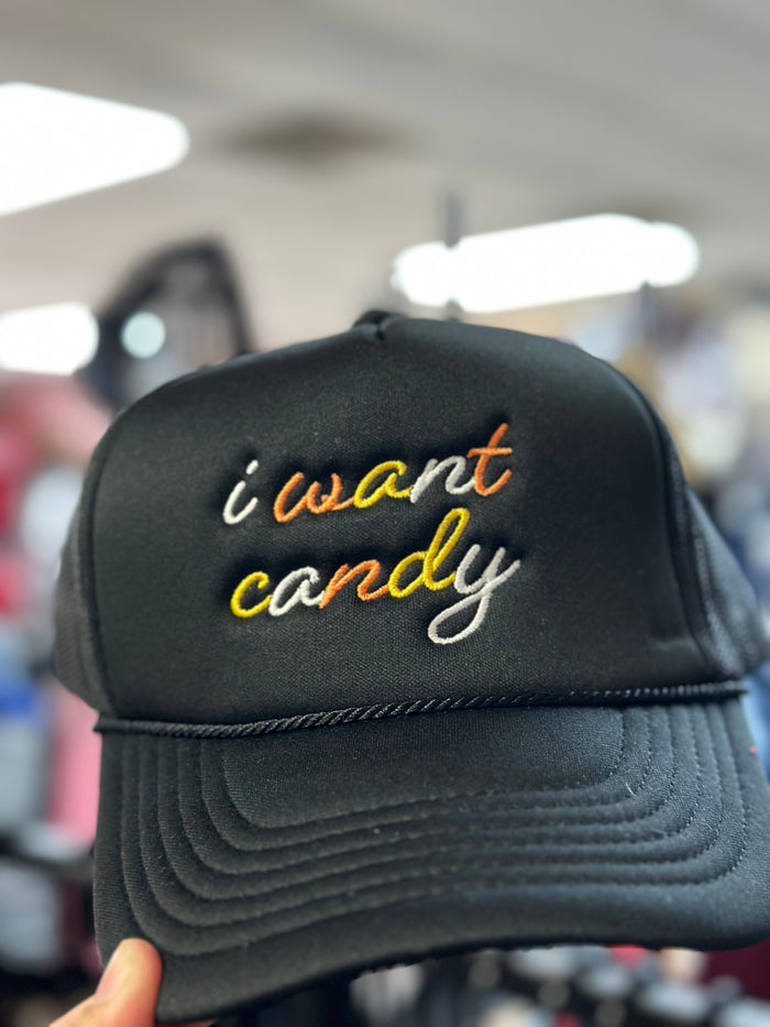 "I Want Candy; Candy Corn" Black Puff Hat