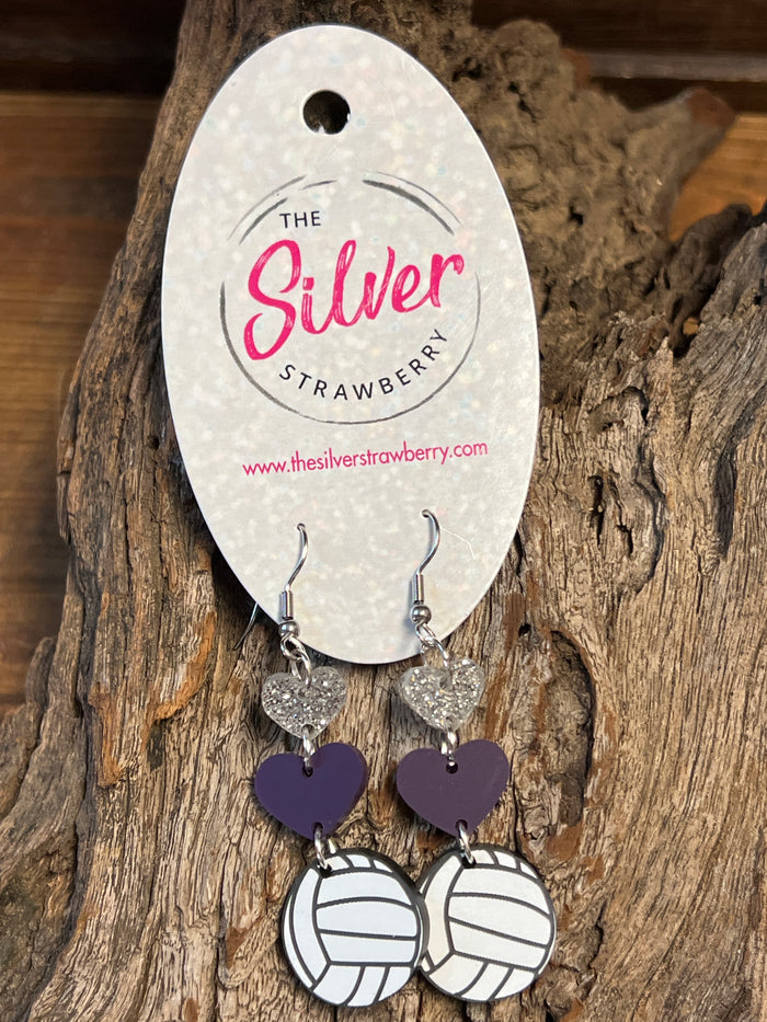 Jordan Earrings- "Volleyball" Purple & Silver
