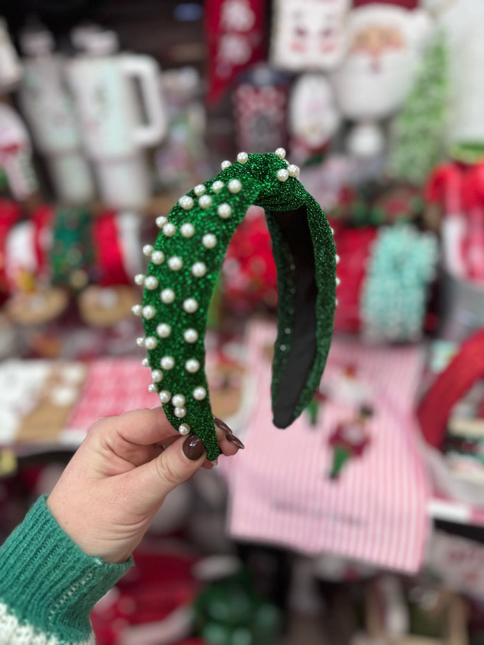 Pearly Knot Headband- "White Pearls" Green Glitter