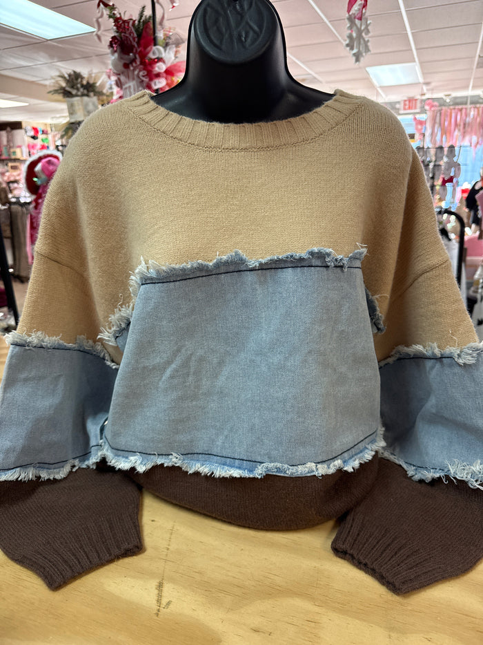 "Triple Denim & Brown" Sweater Top