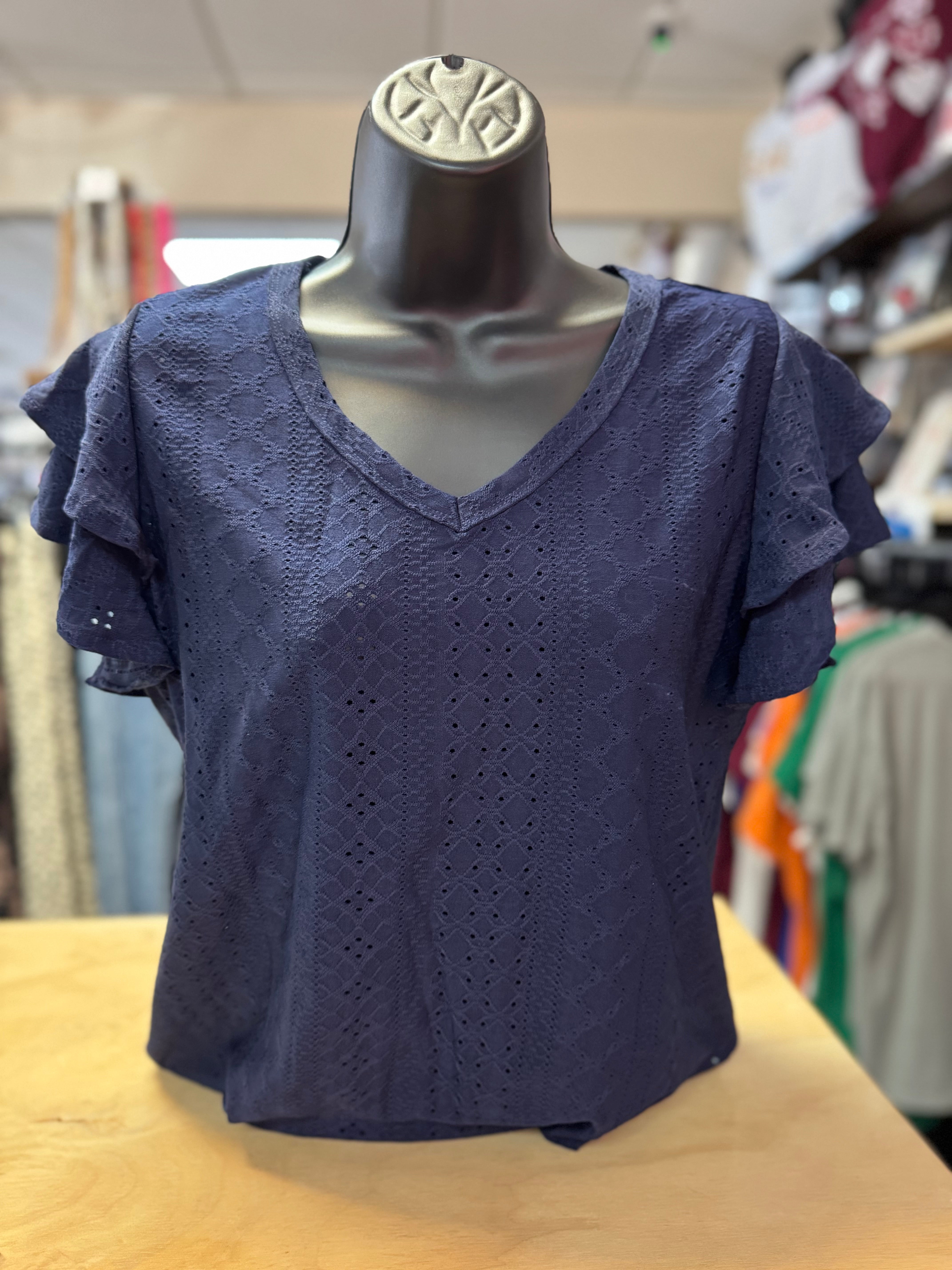 Navy Ruffle Knit V -Neck