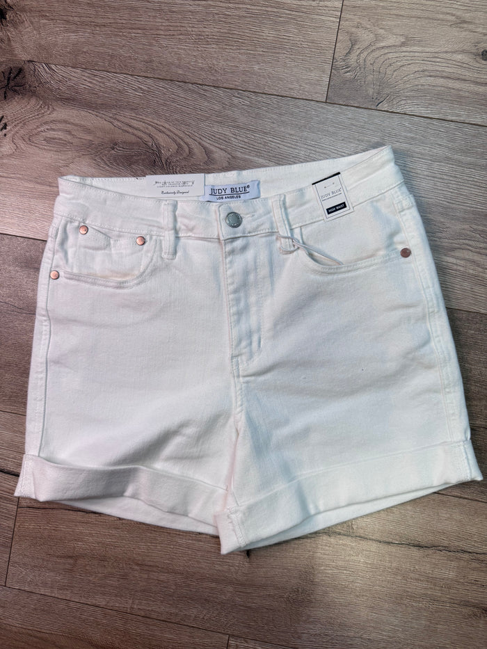 Judy Blue High Waisted Shorts- "White; Double Roll Cuff"