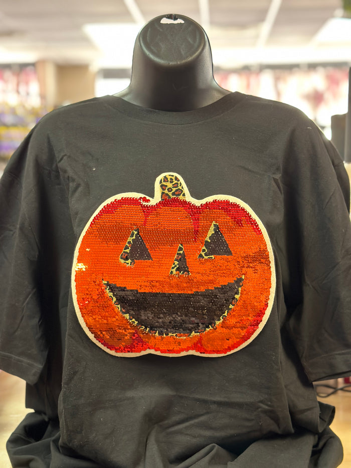 "Sequins & Cheetah Pumpkin Face" Black Tee