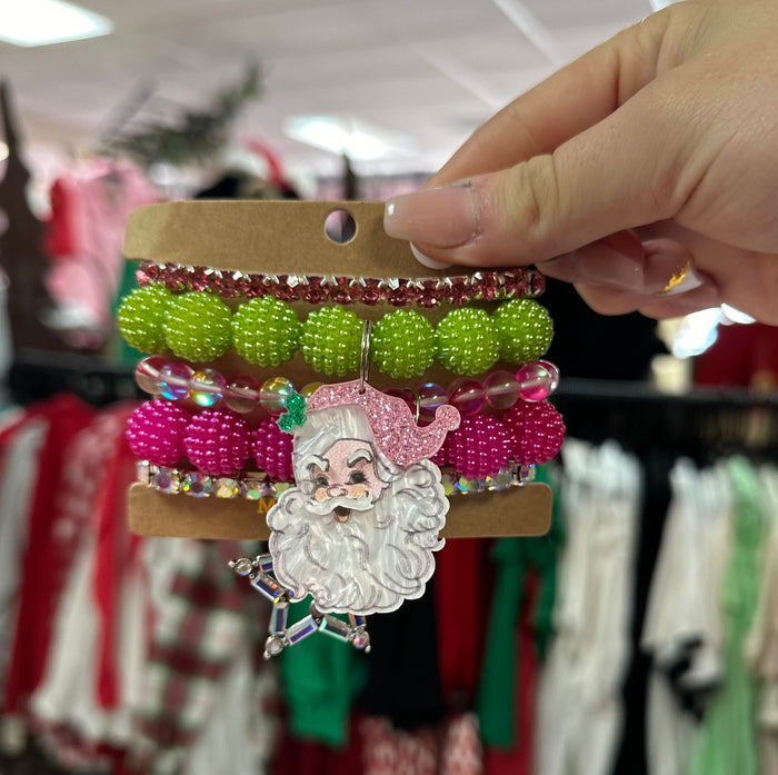 Shania Cluster Bracelet- "Pink Marble Santa" Rhinestone Star