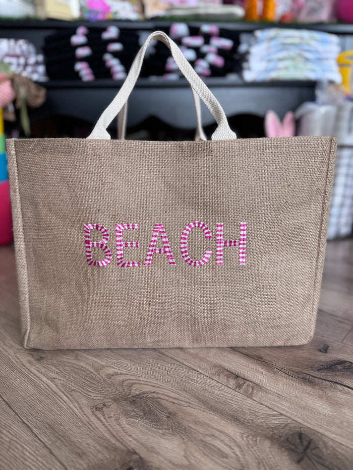 Jute Tote- "Beach" Pink & White