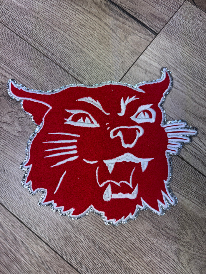 Shirt Patches (Chenille)- "Cougar Mascot; Red" (9X8)