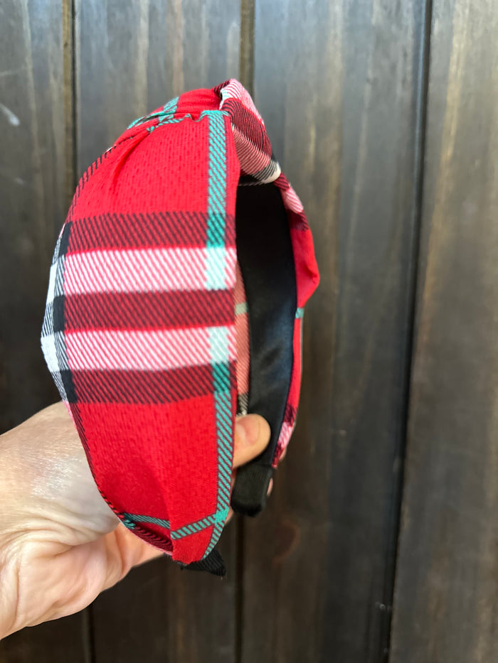 "Fabric" Knot Headband- Red & Green Gingham Plaid