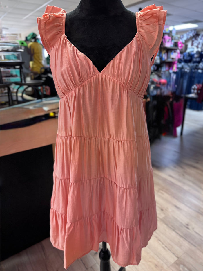 "Coral Tiered Babydoll" V-Neck Mini Dress