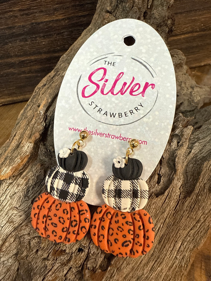 Cierra Earrings- "Leopard & Black Plaid" Stacked Pumpkins