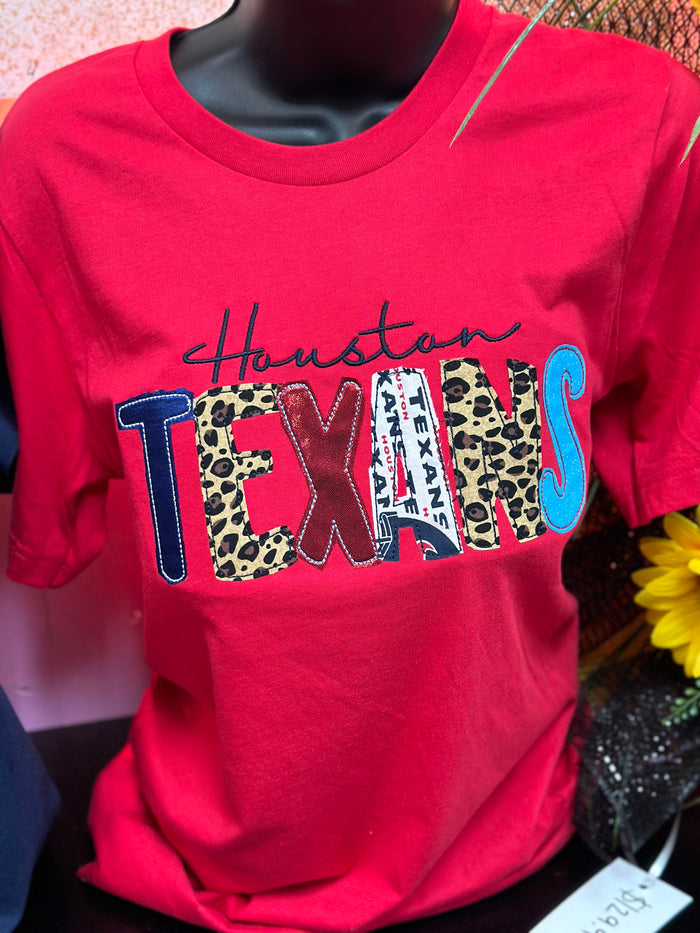 "Houston Texans; Applique" Assorted Patterns Red Tee