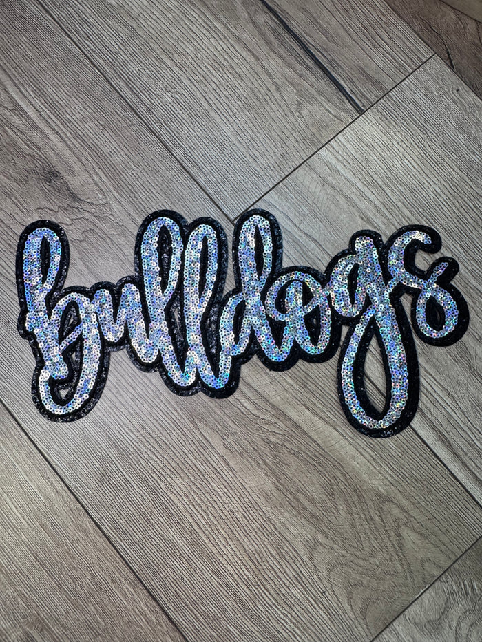 Shirt Patches (Sequins)- "Bulldogs; Silver & Black" (11.5X6.5)