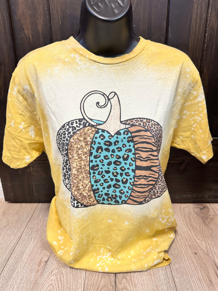 "Assorted Pattern Pumpkin" Bleached Halloween Tee