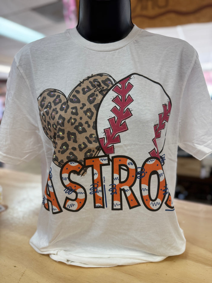 "Astros; Cheetah Heart Baseball" Rhinestone White Tee