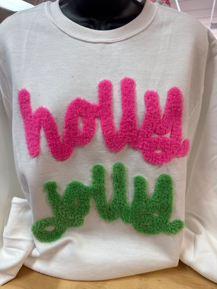 "Holly Jolly; Chenille" White Sweatshirt Jacket