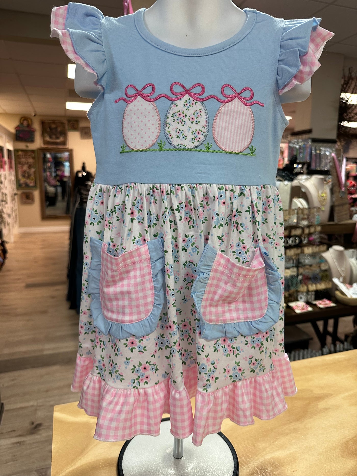 Blue Bow Easter Eggs Pink Gingham Hemmed Dress L