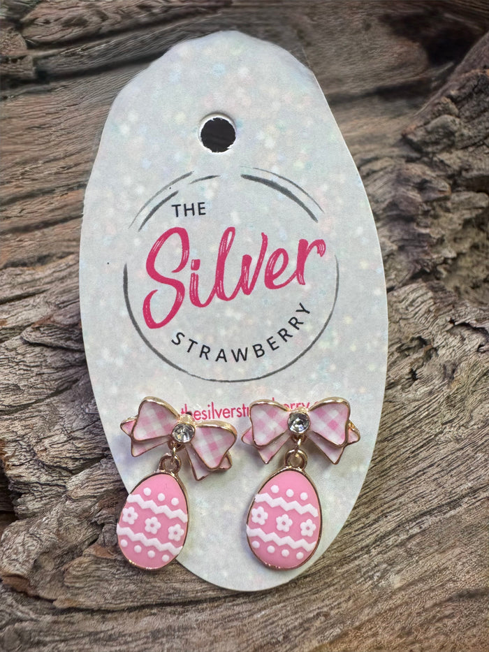 Emmie Earrings- "Rhinestone Bow W/ Easter Egg" Pink