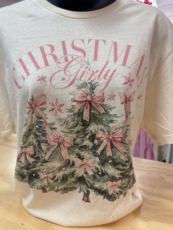 "Christmas Girly' Pink Bow Trees" Rhinestone Cream Tee