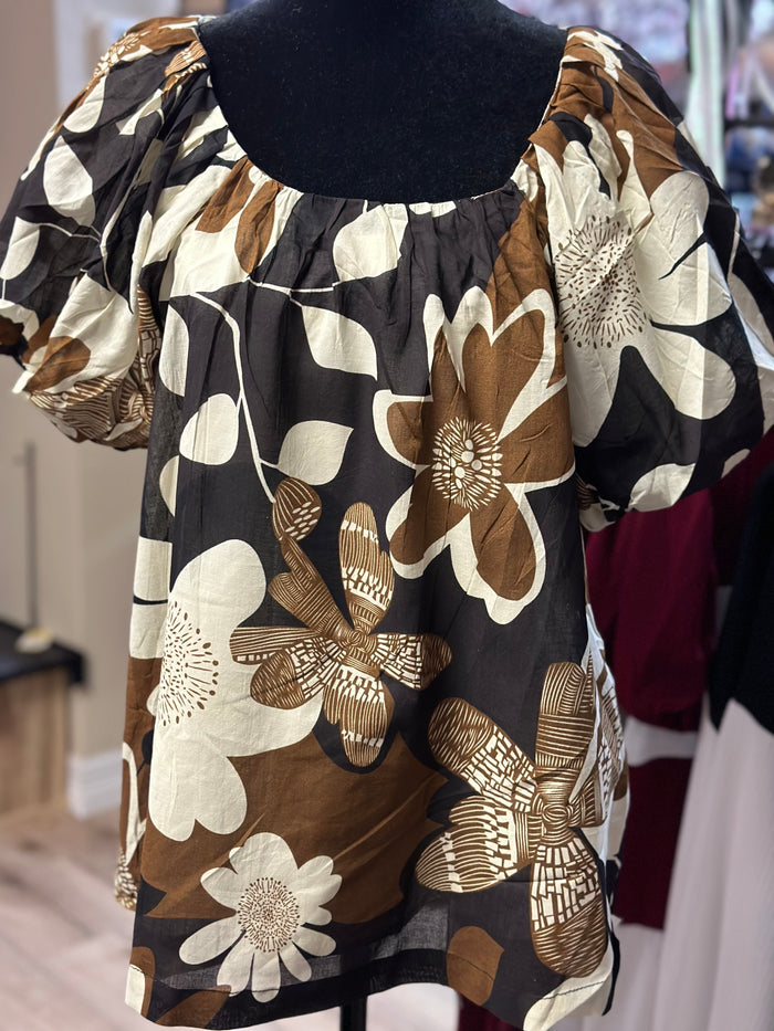 "Black & Brown Floral" Balloon Sleeve Top