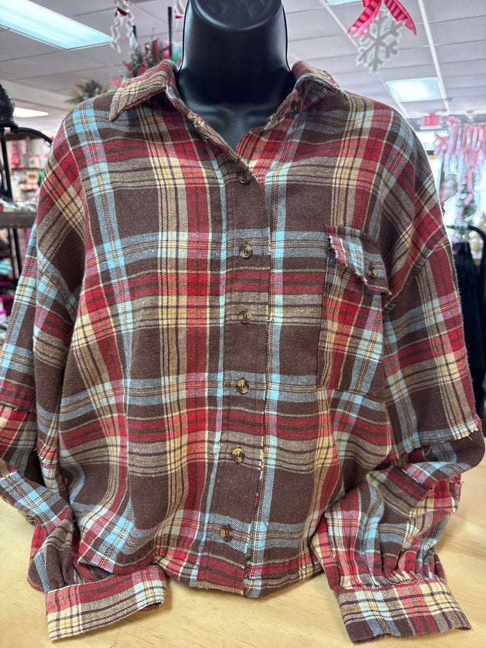 "Brown & Red Shacket Flannel" Bubble Long Sleeve Top