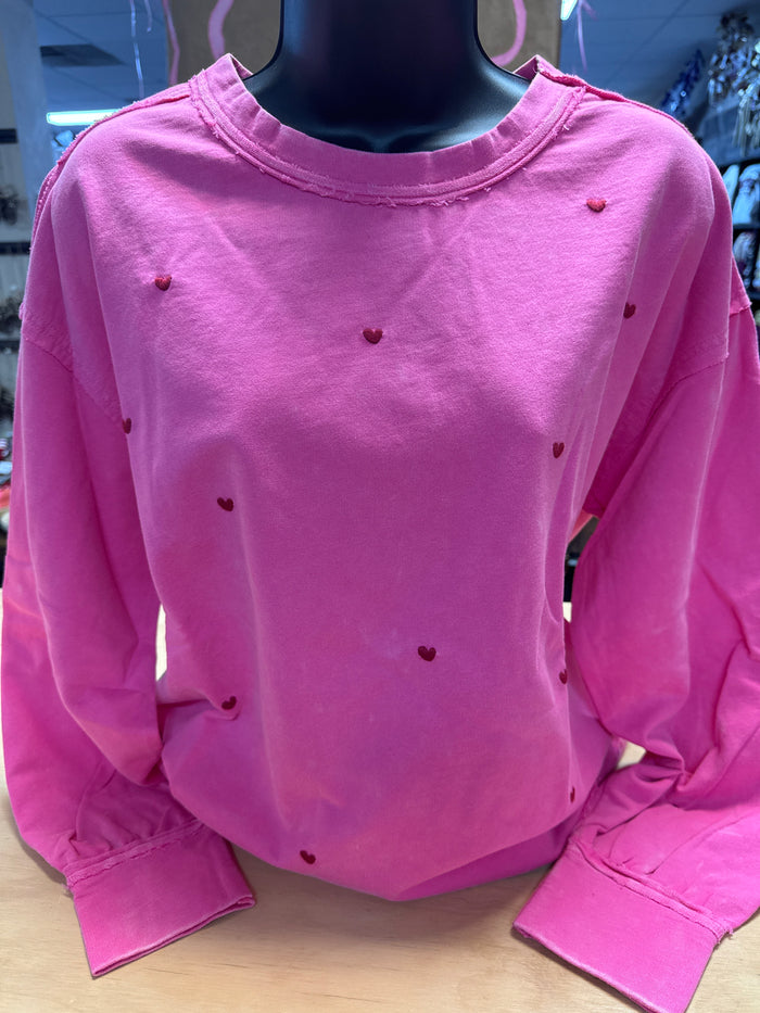 "Pink Mineral; Red Embroidered Hearts" Long Sleeve Top