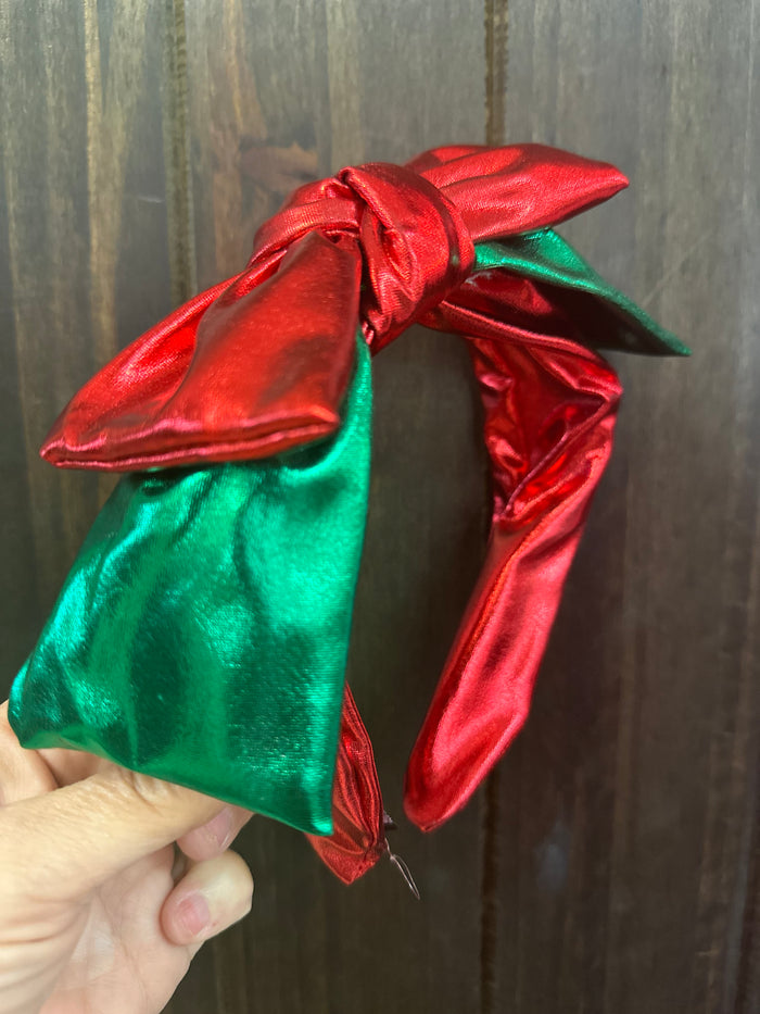 Shiny Metallic Headband- "Green & Red Bow"