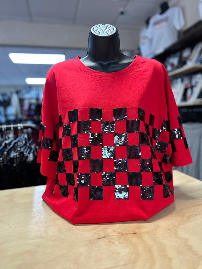 "Red & Black Checkered" Sequins Loose Fit Top