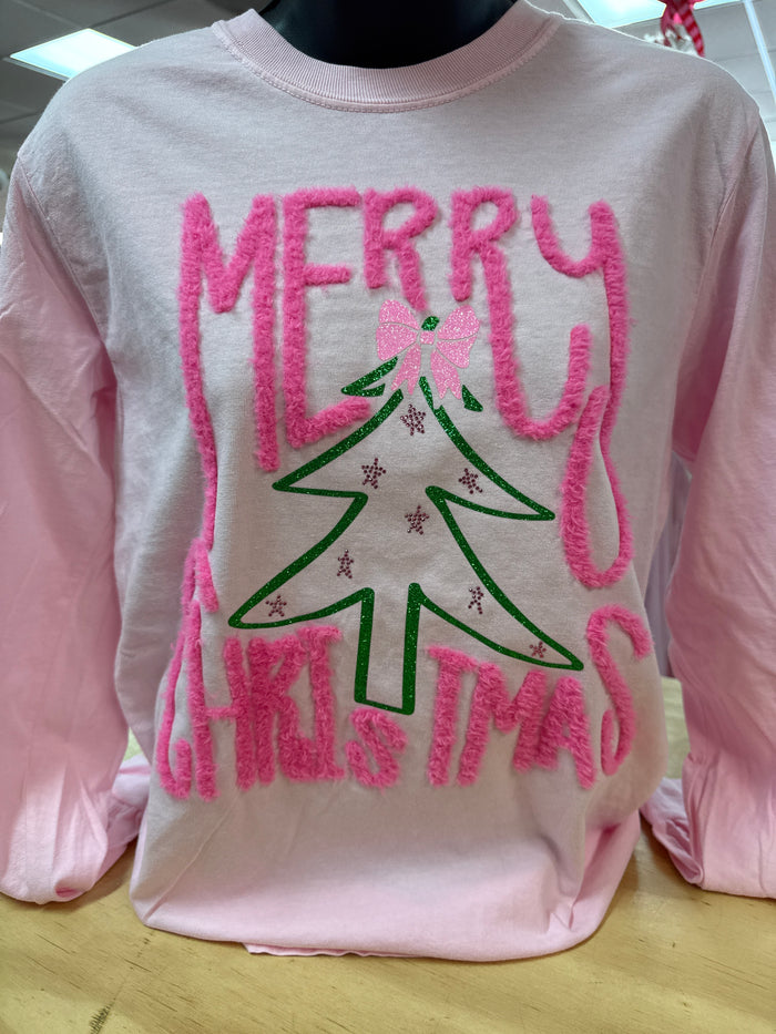 "Merry Christmas; Rhinestones & Glitter" Pink Long Sleeve Tee