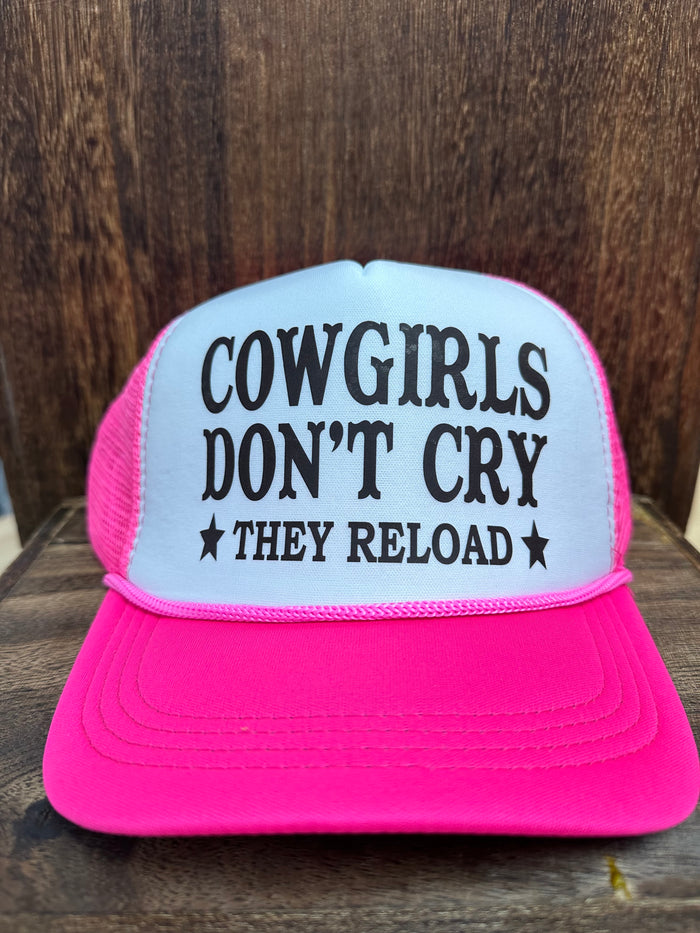 "Cowgirls Don't Cry; They Reload" Pink Puff Trucker Hat
