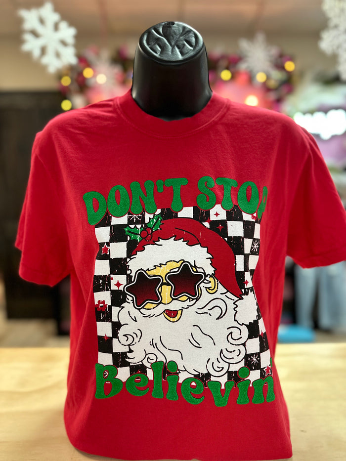 "Don't Stop Believin'; Santa" Checkered Tee