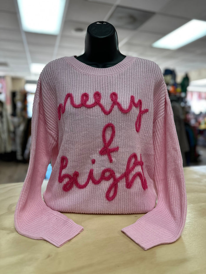 "Merry & Bright; Knitted" Pink Sweatshirt Top