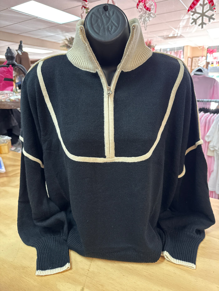 "Black & Cream; Half Zip" Sweater Top