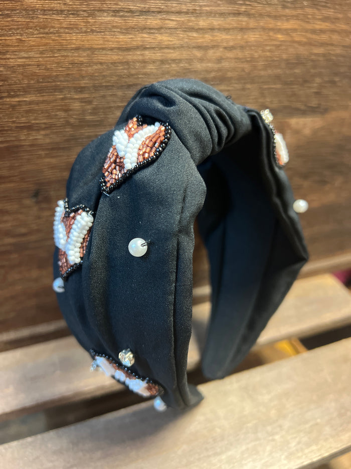 Beaded "Designs" Headband- " Heart Shaped Football" w/ Rhinestones & Pearls; Black