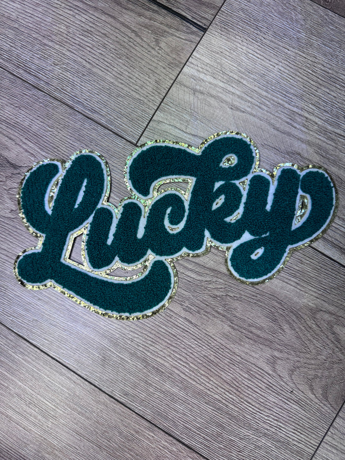 Shirt Patches (Chenille)- "Lucky; Dark Green" (11X6)