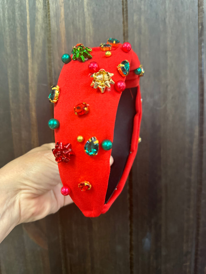 Rhinestone Knot Headband- Christmas Bows (Red)