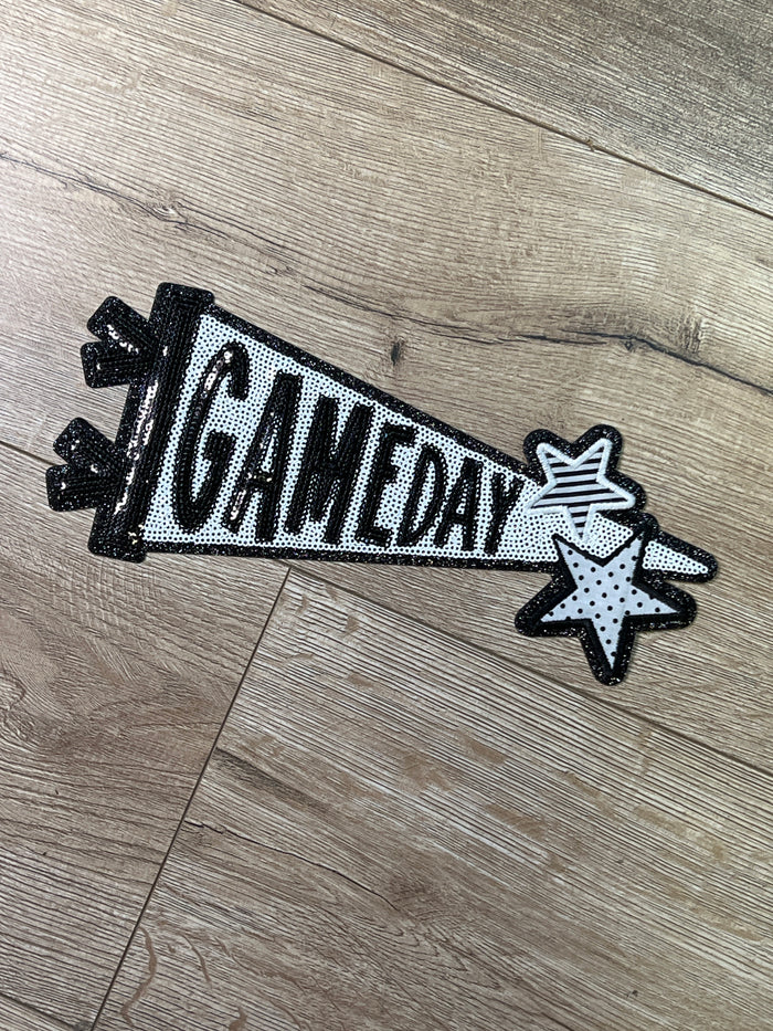 Shirt Patches (Sequins)- "Gameday Flag; Silver & Black" (10X4)