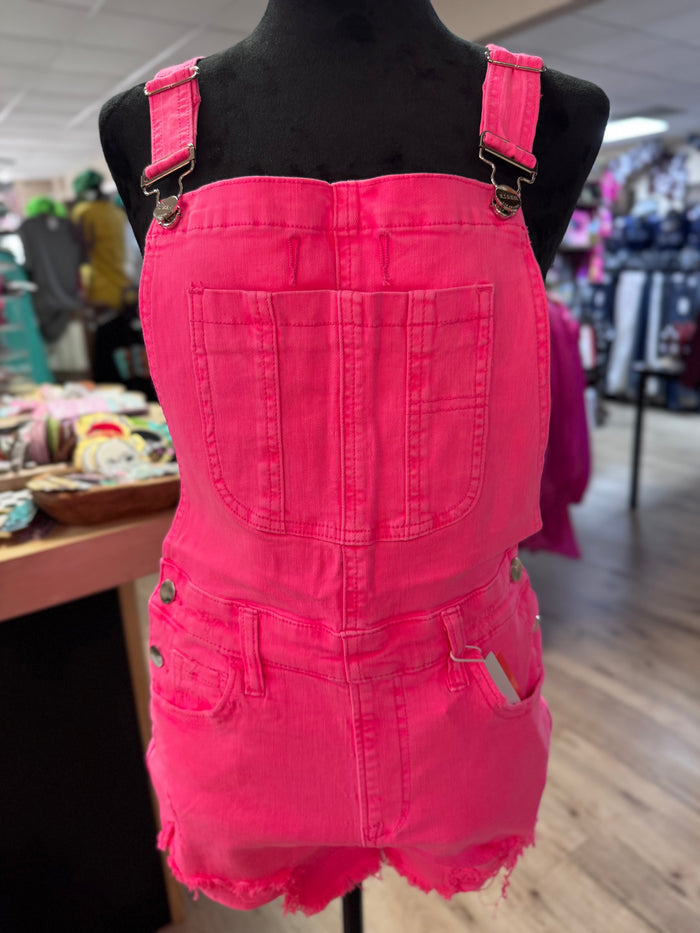 "Neon Pink Distressed" Denim Overall