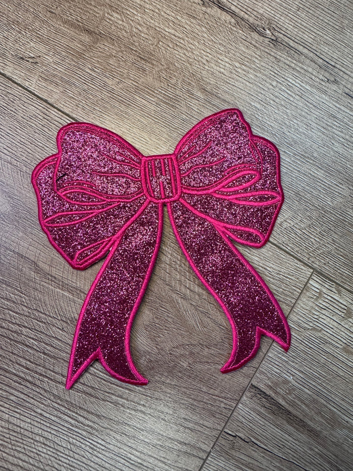 Hat Patches (Glitter)- "Glitter & Embroidered Bow; Large" Hot Pink (5.5X6)