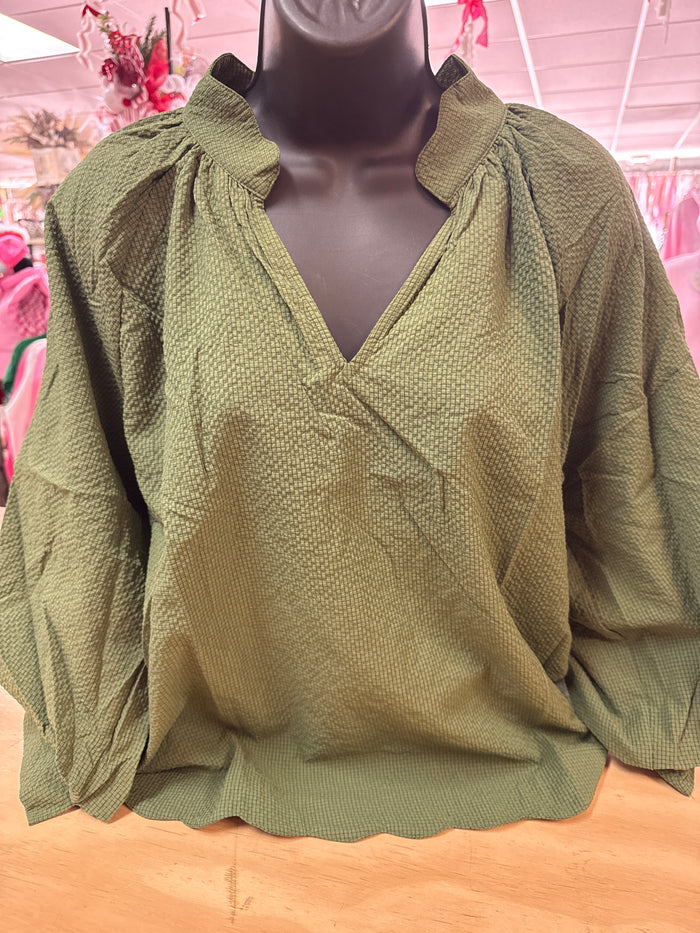 "Green Waffle Scalloped Hem" Bubble Sleeve Top