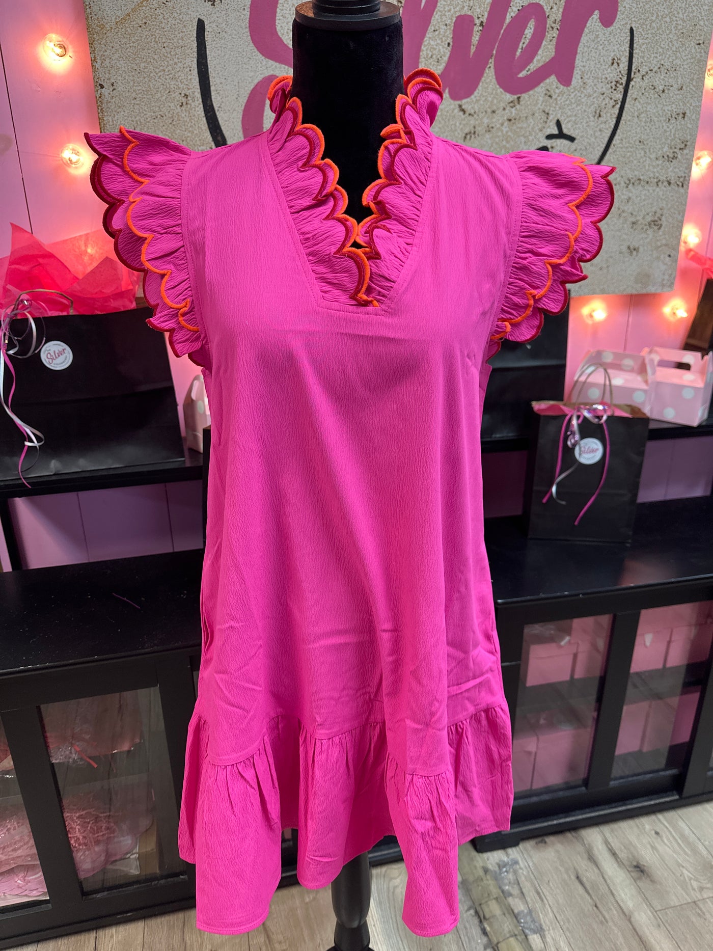 Hot Pink Orange & Red Scallop Accents- Mini Dress M