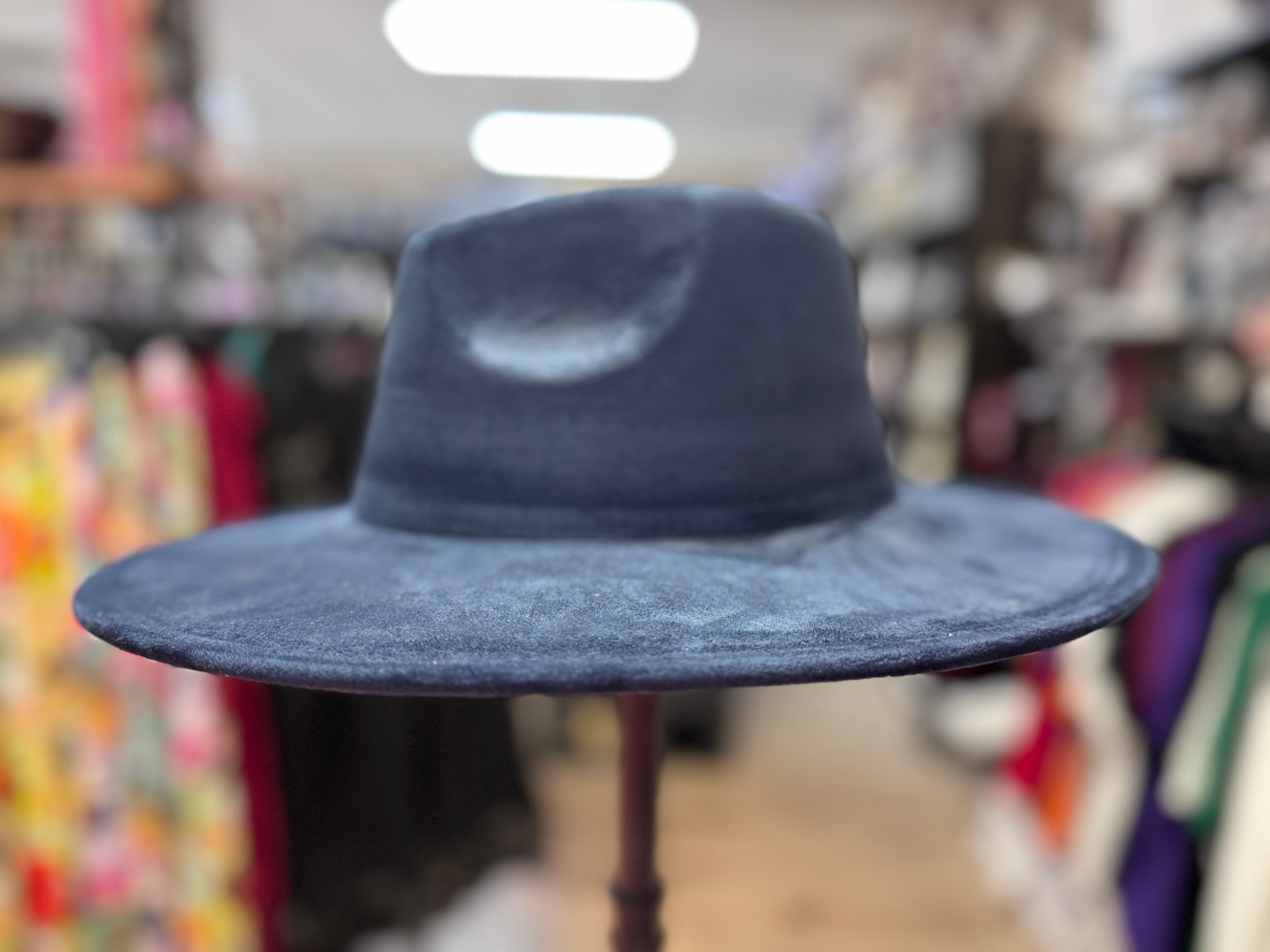 Embroidered Wide-Brim Suede Fedora Hat - Navy Navy blue suede flat brim western cowboy hat – Cali Ranch Hats main image 2