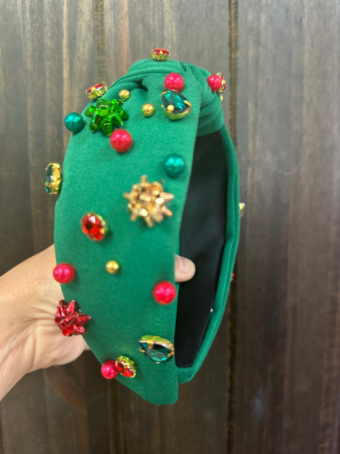 Rhinestone Knot Headband- Christmas Bows (Green)