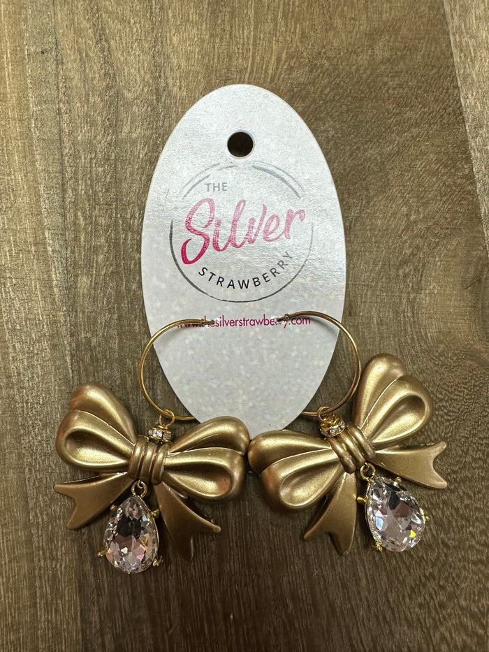 The Rare Earrings- "3D Bow W/ Rhinestone Teardrop" Gold