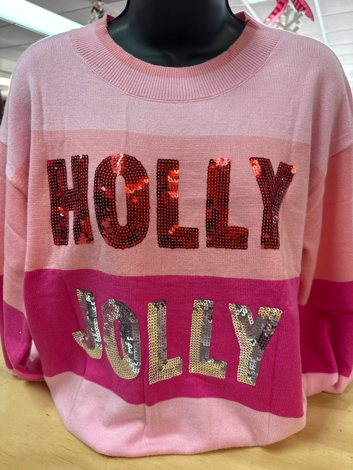 "Holly Jolly; Red Sequin" Stripe Knit Sweater Top