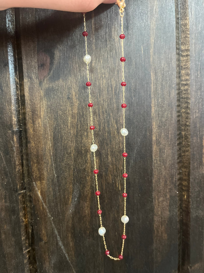 Mosie Chokers- "Pearl & Maroon Beaded" Gold